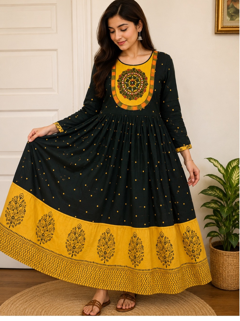 Embroidered dark green & Mustard Maxi Dress